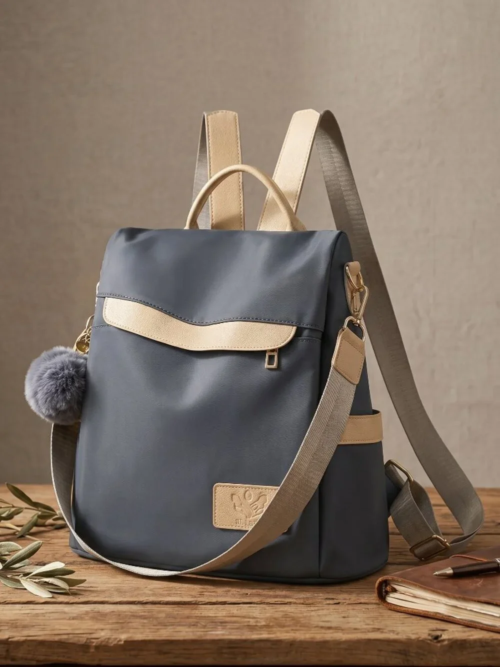 Convertible Nylon Backpack Purse Anti Theft Charcoal Gray Beige Pom Pom Travel